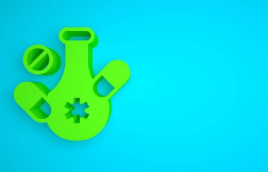 Green Medicine pill or tablet icon isolated on blue background. Capsule pill and drug sign. Pharmacy design. Minimalism concept. 3D render illustration.