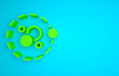 Green Atom icon isolated on blue background. Symbol of science, education, nuclear physics, scientific research. Minimalism concept. 3D render illustration.