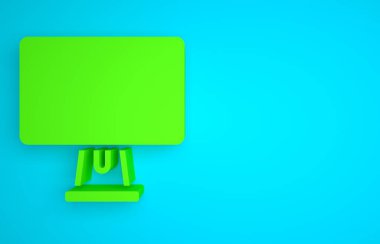 Green Computer monitor screen icon isolated on blue background. Electronic device. Front view. Minimalism concept. 3D render illustration.