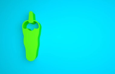 Green Hot chili pepper pod icon isolated on blue background. Design for grocery, culinary products, seasoning and spice package, cooking book. Minimalism concept. 3D render illustration.