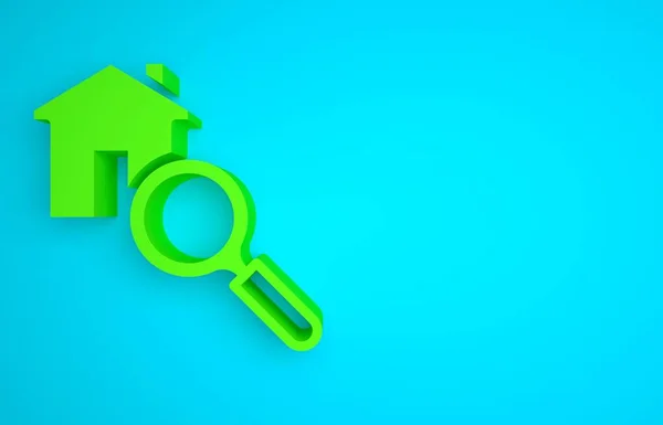 Green Search house icon isolated on blue background. Real estate symbol of a house under magnifying glass. Minimalism concept. 3D render illustration.