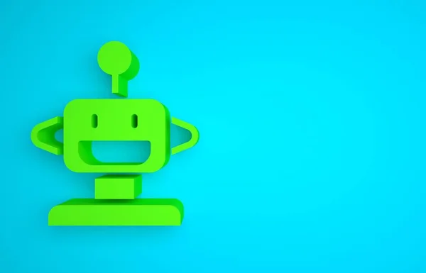 Green Robot toy icon isolated on blue background. Minimalism concept. 3D render illustration.