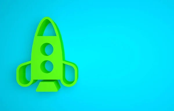 Green Rocket ship toy icon isolated on blue background. Space travel. Minimalism concept. 3D render illustration.