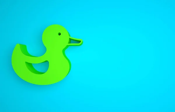 Green Rubber duck icon isolated on blue background. Minimalism concept. 3D render illustration.