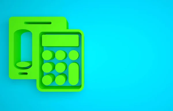 Green Calculator icon isolated on blue background. Accounting symbol. Business calculations mathematics education and finance. Minimalism concept. 3D render illustration.