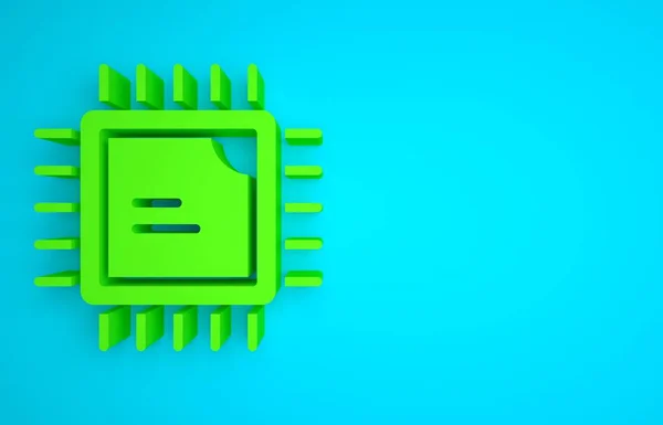 Green Computer processor with microcircuits CPU icon isolated on blue background. Chip or cpu with circuit board. Micro processor. Minimalism concept. 3D render illustration.