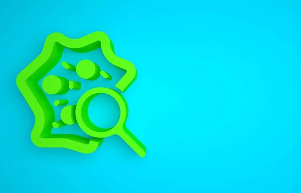 Green Microorganisms under magnifier icon isolated on blue background. Bacteria and germs, cell cancer, microbe, virus, fungi. Minimalism concept. 3D render illustration.