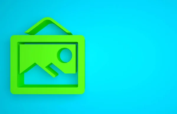 Green Picture landscape icon isolated on blue background. Minimalism concept. 3D render illustration.