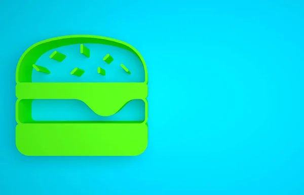 Green Burger icon isolated on blue background. Hamburger icon. Cheeseburger sandwich sign. Fast food menu. Minimalism concept. 3D render illustration.