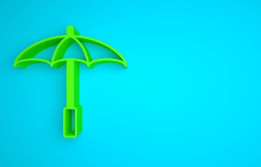 Green Sun protective umbrella for beach icon isolated on blue background. Large parasol for outdoor space. Beach umbrella. Minimalism concept. 3D render illustration.