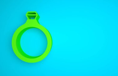 Green Diamond engagement ring icon isolated on blue background. Minimalism concept. 3D render illustration.