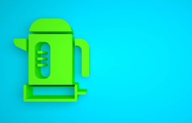 Green Electric kettle icon isolated on blue background. Teapot icon. Minimalism concept. 3D render illustration.