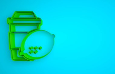 Green Cup of tea with lemon icon isolated on blue background. Minimalism concept. 3D render illustration.