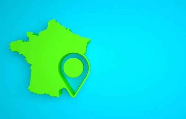 Green Map of France icon isolated on blue background. Minimalism concept. 3D render illustration.
