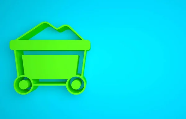 Green Mine cart with gold icon isolated on blue background. Minimalism concept. 3D render illustration.