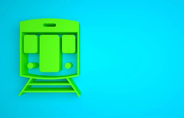 Green Train and railway icon isolated on blue background. Public transportation symbol. Subway train transport. Metro underground. Minimalism concept. 3D render illustration.