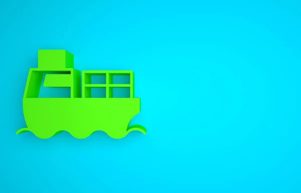 Green Cargo ship with boxes delivery service icon isolated on blue background. Delivery, transportation. Freighter with parcels, boxes, goods. Minimalism concept. 3D render illustration.