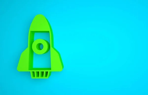 Green Rocket ship icon isolated on blue background. Space travel. Minimalism concept. 3D render illustration.