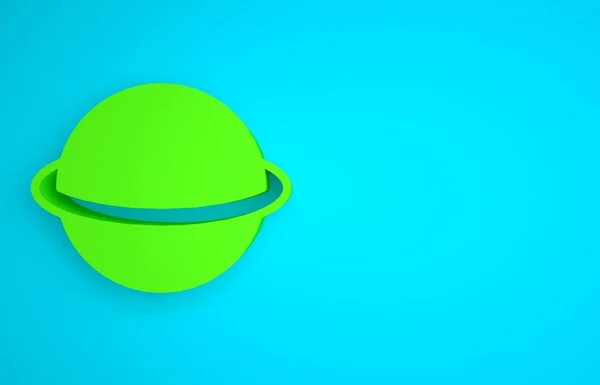 Green Planet Saturn with planetary ring system icon isolated on blue background. Minimalism concept. 3D render illustration.