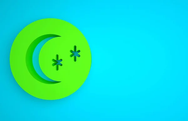 Green Moon and stars icon isolated on blue background. Cloudy night sign. Sleep dreams symbol. Full moon. Night or bed time sign. Minimalism concept. 3D render illustration.