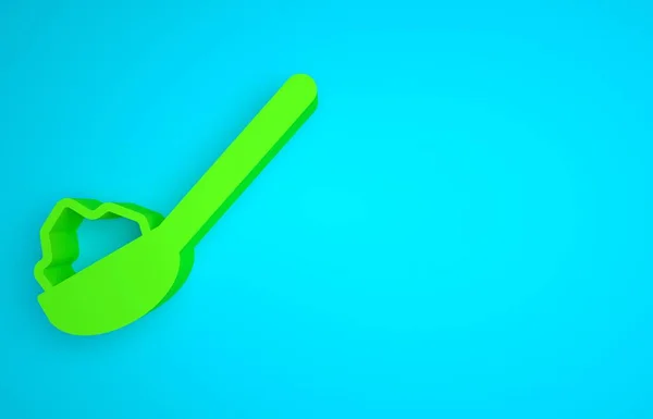 Green Spoon with sugar icon isolated on blue background. Teaspoon for tea or coffee. Minimalism concept. 3D render illustration.
