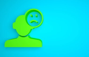 Green Sad and depressed man, bad mood icon isolated on blue background. Minimalism concept. 3D render illustration.