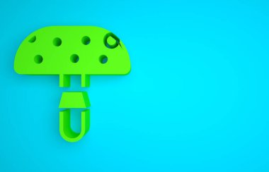 Green Amanita muscaria or fly agaric hallucinogenic toadstool mushroom icon isolated on blue background. Spotted poisonous mushroom. Minimalism concept. 3D render illustration.