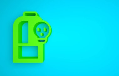 Green Laboratory chemical beaker with toxic liquid icon isolated on blue background. Biohazard symbol. Dangerous symbol with radiation icon. Minimalism concept. 3D render illustration.