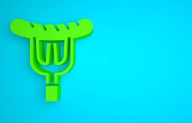 Green Sausage on the fork icon isolated on blue background. Grilled sausage and aroma sign. Minimalism concept. 3D render illustration.