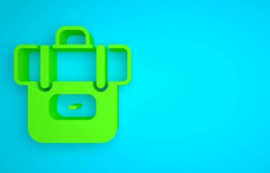 Green Hiking backpack icon isolated on blue background. Camping and mountain exploring backpack. Minimalism concept. 3D render illustration.