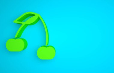 Green Cherry icon isolated on blue background. Fruit with leaf symbol. Minimalism concept. 3D render illustration.