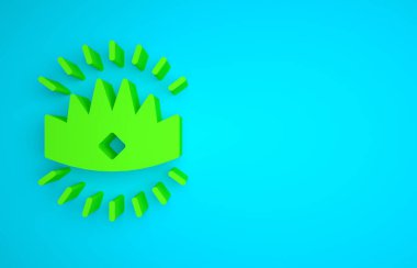 Green King crown icon isolated on blue background. Minimalism concept. 3D render illustration.