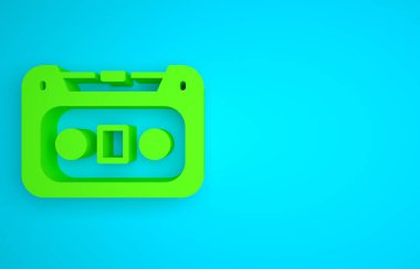 Green Retro audio cassette tape icon isolated on blue background. Minimalism concept. 3D render illustration.