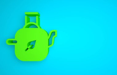 Green Teapot with leaf icon isolated on blue background. Minimalism concept. 3D render illustration.