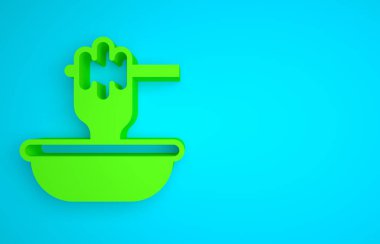 Green Honey dipper stick with bowl icon isolated on blue background. Honey ladle. Minimalism concept. 3D render illustration.