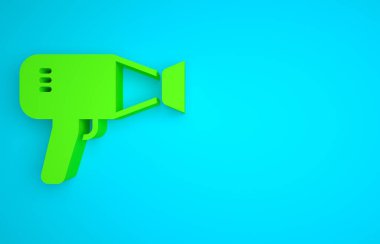 Green Hair dryer icon isolated on blue background. Hairdryer sign. Hair drying symbol. Blowing hot air. Minimalism concept. 3D render illustration.