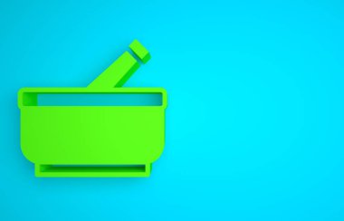Green Mortar and pestle icon isolated on blue background. Minimalism concept. 3D render illustration.