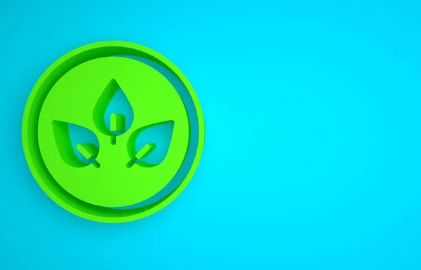 Green Vegan food diet icon isolated on blue background. Organic, bio, eco symbol. Vegan, no meat, lactose free, healthy, fresh and nonviolent food. Minimalism concept. 3D render illustration.
