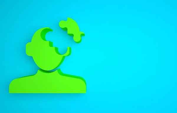 Green Solution to the problem in psychology icon isolated on blue background. Puzzle. Therapy for mental health. Minimalism concept. 3D render illustration.
