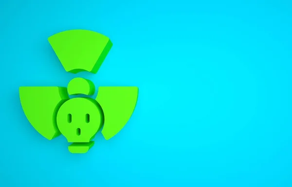 Green Radioactive icon isolated on blue background. Radioactive toxic symbol. Radiation hazard sign. Minimalism concept. 3D render illustration.