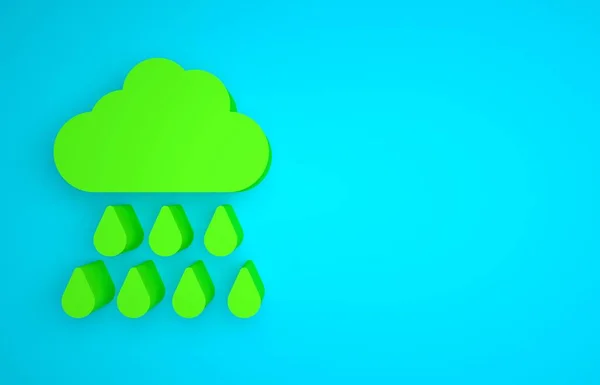 Green Cloud with rain icon isolated on blue background. Rain cloud precipitation with rain drops. Minimalism concept. 3D render illustration.