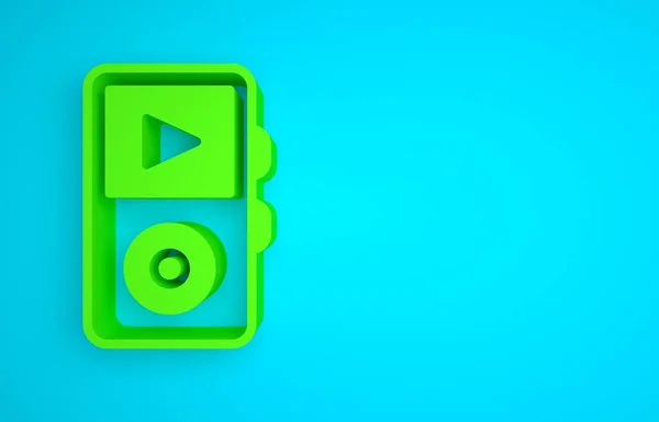 Green Music player icon isolated on blue background. Portable music device. Minimalism concept. 3D render illustration.