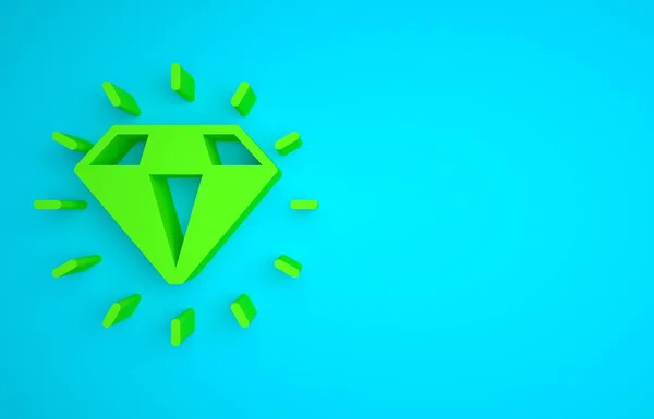 Green Diamond icon isolated on blue background. Jewelry symbol. Gem stone. Minimalism concept. 3D render illustration.