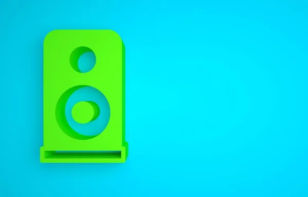 Green Stereo speaker icon isolated on blue background. Sound system speakers. Music icon. Musical column speaker bass equipment. Minimalism concept. 3D render illustration.