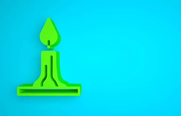 Green Burning candle in candlestick icon isolated on blue background. Cylindrical candle stick with burning flame. Minimalism concept. 3D render illustration.