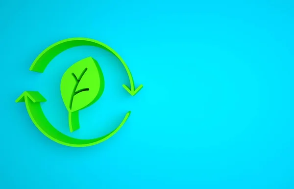 Green Recycle symbol with leaf icon isolated on blue background. Circular arrow icon. Environment recyclable go green. Minimalism concept. 3D render illustration.