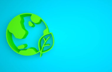 Green Earth globe and leaf icon isolated on blue background. World or Earth sign. Geometric shapes. Environmental concept. Minimalism concept. 3D render illustration.