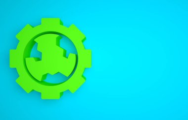 Green Globe of the Earth and gear or cog icon isolated on blue background. Setting parameters. Global Options. Minimalism concept. 3D render illustration.