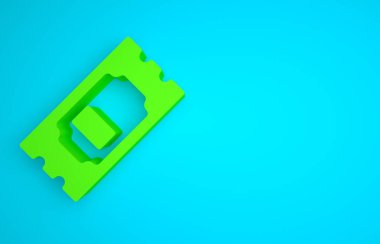 Green Cinema ticket icon isolated on blue background. Minimalism concept. 3D render illustration.
