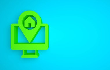 Green Computer monitor and folded map with location marker icon isolated on blue background. Minimalism concept. 3D render illustration.